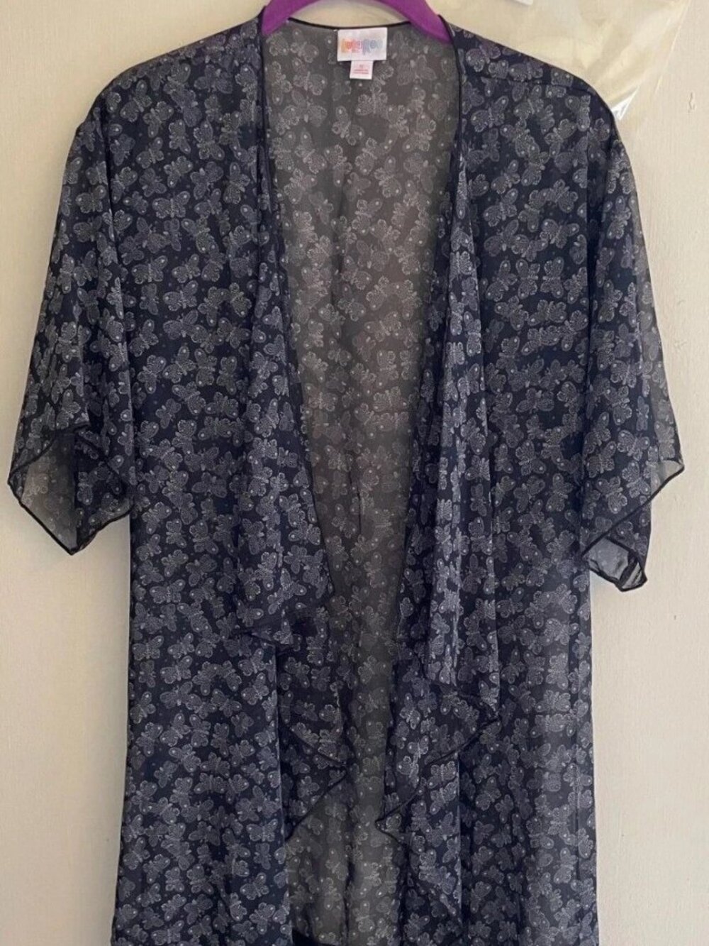 LuLaRoe Monroe Small Kimono Womens Black Gray Paisley Sheer Fringe Cover Up